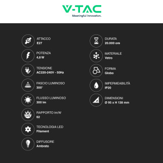 VT-2075 Lampadina LED E27 4,8W Bulb G95 Filament Vetro V-Tac