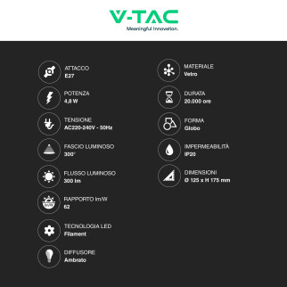VT-2085 Lampadina LED E27 4,8W G125 Filament Vetro V-Tac