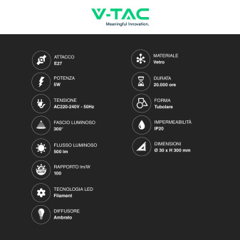 VT-2005 Lampadina LED E27 5W Bulb T30 Filament Vetro V-Tac