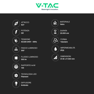 VT-2005 Lampadina LED E27 5W Bulb T30 Filament Vetro V-Tac