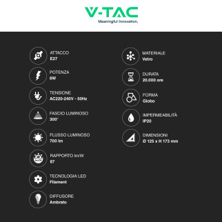 VT-2018D Lampadina LED E27 8W G125 Filament Vetro V-Tac