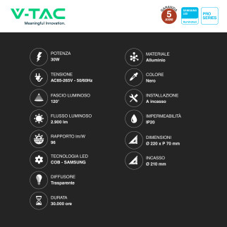 VT-2-33 Faretto LED 30W a Incasso COB Chip Samsung V-Tac Pro