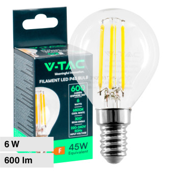 V-Tac VT-2466 Lampadina LED E14 6W MiniGlobo P45 Filament in Vetro...