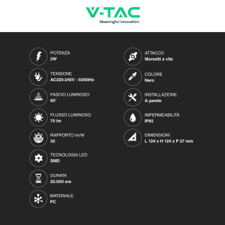 VT-1152 Punto Luce LED SMD 2W a Parete IP65 Nero V-Tac