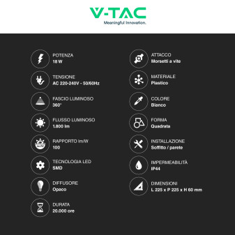 VT-8618S Plafoniera LED Quadrata 18W SMD IP44 Sensore V-Tac