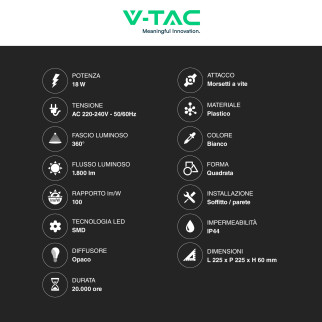 VT-8618S Plafoniera LED Quadrata 18W SMD IP44 Sensore V-Tac