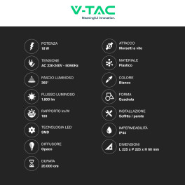 VT-8618S Plafoniera LED Quadrata 18W SMD IP44 Sensore V-Tac