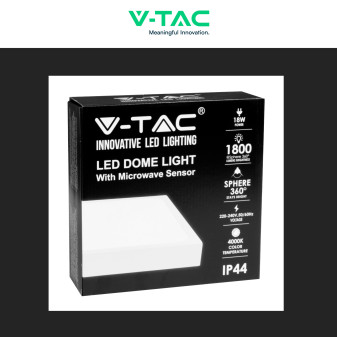 VT-8618S Plafoniera LED Quadrata 18W SMD IP44 Sensore V-Tac