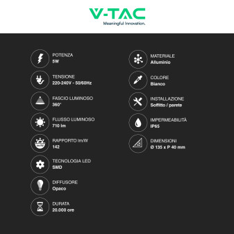 VT-741 Lampada LED da Muro 5W SMD IP65 Colore Bianco V-Tac