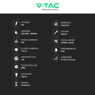 VT-741 Lampada LED da Muro 5W SMD IP65 Colore Bianco V-Tac