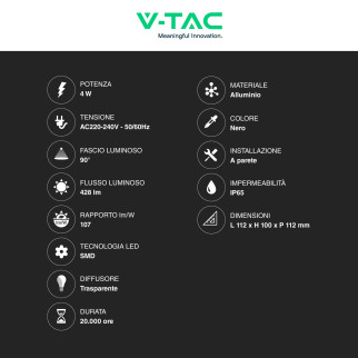 VT-834 Lampada LED da Muro 4W SMD IP65 Colore Nero V-Tac