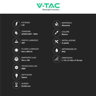 VT-816 Lampada LED da Muro 5W SMD IP65 Colore Bianco V-Tac