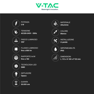 VT-816 Lampada LED da Muro 5W SMD IP65 Colore Bianco V-Tac