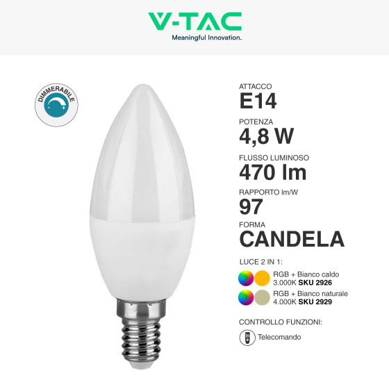 V-Tac VT-1986 Lampadina LED E14 Filamento Candela 4W - SKU 214301, 214413