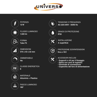 Tubo LED T5 12W SMD 60cm Linkabile in Alluminio Universo