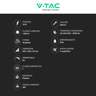 VT-8618 Plafoniera LED Quadrata 18W SMD IP44 Colore Bianco V-Tac