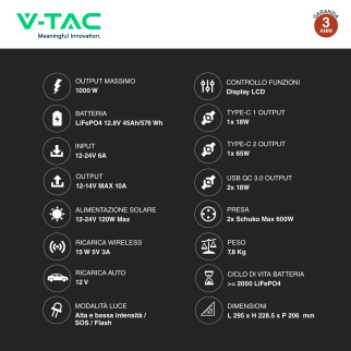 VT-606N Accumulatore Portatile LiFePO4 576Wh 600W V-Tac