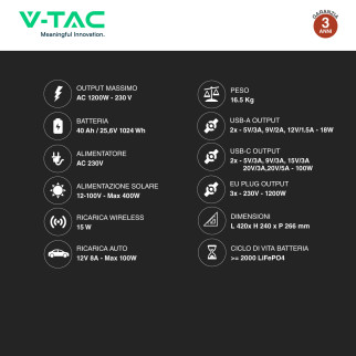 VT-1001N Accumulatore Portatile LiFePO4 1024Wh 1000W V-Tac