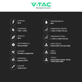 VT-10080 Pannello Fotovoltaico 80W Portatile IP67 V-Tac