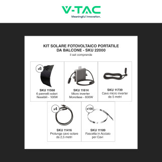 V-Tac Kit Fotovoltaico da Balcone 0.6kW 6 Pannelli + Inverter + Cavi