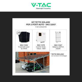V-Tac Pensilina 2 Posti Auto + Pannelli Fotovoltaici Inverter e Batteria