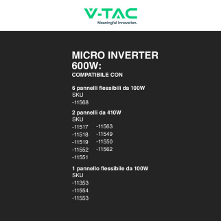 V-Tac Kit Installazione Fotovoltaico da Balcone Microinverter 600W + Cavi