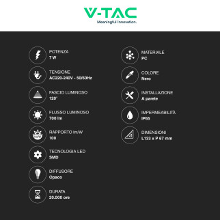 VT-831 Lampada LED da Muro 7W SMD Applique Nera V-Tac IP65