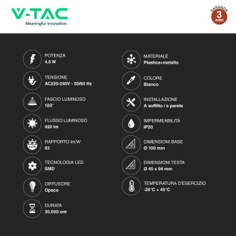 VT-805 Lampada LED da Parete 4,5W SMD Colore Bianco V-Tac