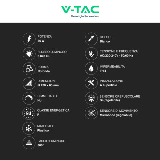 VT-8630 Plafoniera LED Rotonda 36W SMD IP44 Colore Bianco V-Tac