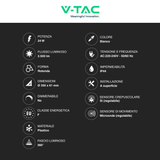 VT-8624S Plafoniera LED Rotonda 24W SMD IP44 Colore Bianco V-Tac