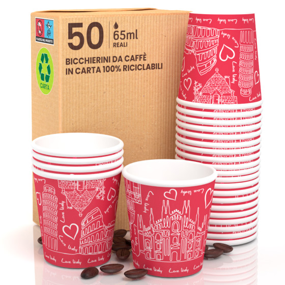 50 Bicchierini da Caffè in Carta Bio Italy Red da 65ml