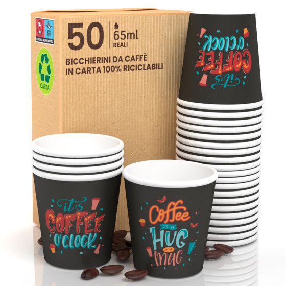 50 Bicchierini da Caffè in Carta Bio Coffee O'Clock da 65ml