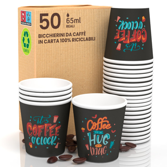 50 Bicchierini da Caffè in Carta Bio Coffee O'Clock da 65ml 50 Bicchierini da Caffè in Carta Bio Coffee O'Clock da 65ml