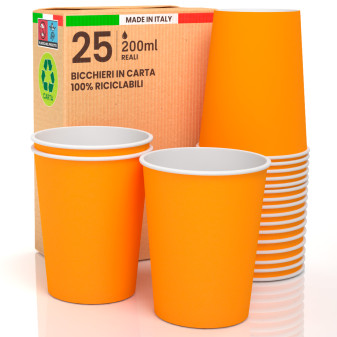 25 Bicchieri in Carta Biodegradabile Arancione da 200ml