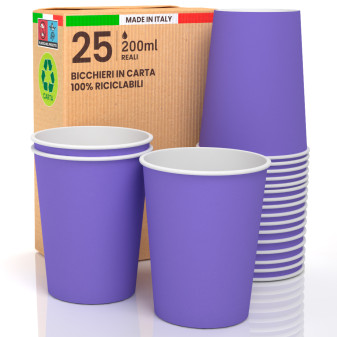 25 Bicchieri in Carta Biodegradabile Viola da 200ml