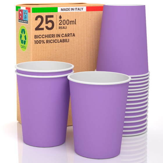 25 Bicchieri in Carta Biodegradabile Lilla da 200ml 25 Bicchieri in Carta Biodegradabile Lilla da 200ml