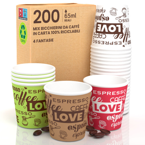 200 Bicchierini da Caffè in Carta Riciclabile LoveCup Mix da 65ml 200 Bicchierini da Caffè in Carta Riciclabile LoveCup Mix da 65ml