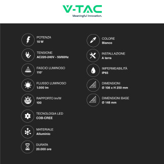 VT-830 Lampada LED Giardino 10W COB CREE Bianca IP65 V-Tac