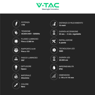 VT-11020S Lampada LED da Muro Sensore PIR 17W IP65 V-Tac
