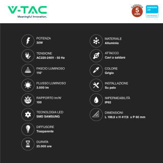 VT-30ST Lampada Stradale LED 30W IP65 SMD Samsung V-Tac
