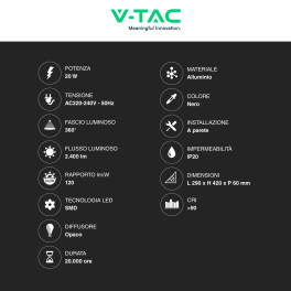 VT-11120 Lampada LED da Muro 20W CRI≥90 Colore Nero V-Tac