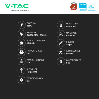 VT-100ST Lampada Stradale LED 100W Chip Samsung V-Tac Pro