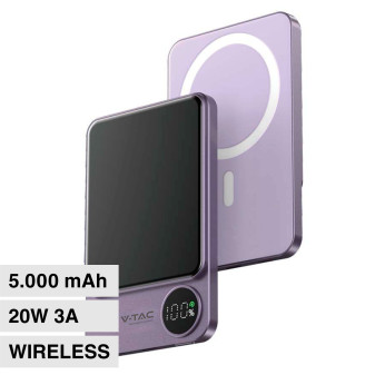 V-Tac VT-50005 Power Bank Wireless 5000mAh con Ricarica Rapida PD Attacco...