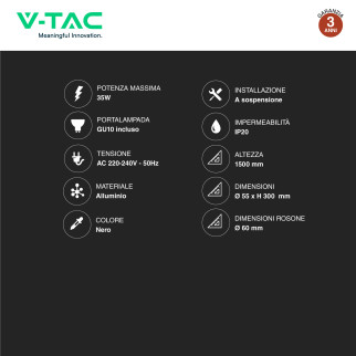 V-Tac VT-976 Lampadario a Sospensione con Portalampada Per GU10 in Alluminio Nero