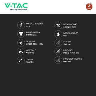 Lampadario in Alluminio Nero e Oro V-Tac VT-977