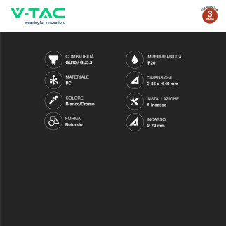 Portafaretto GU10 e GU5.3 (MR16) Bianco/Cromo V-Tac VT-931