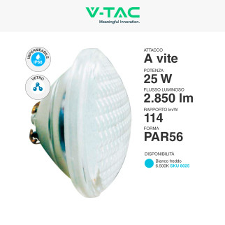 VT-12125 Lampada LED PAR56 25W IP68 da Piscina 12V in Vetro V-Tac