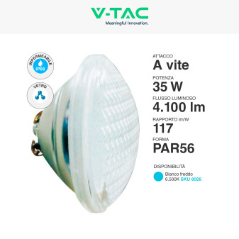 VT-12135 Lampada LED PAR56 35W IP68 da Piscina 12V in Vetro V-Tac