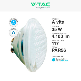 VT-12135 Lampada LED PAR56 35W IP68 da Piscina 12V in Vetro V-Tac