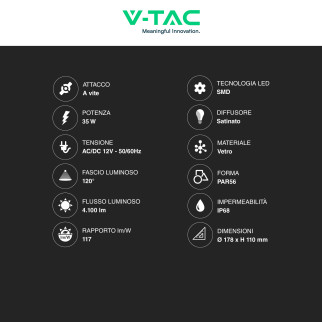 VT-12135 Lampada LED PAR56 35W IP68 da Piscina 12V in Vetro V-Tac